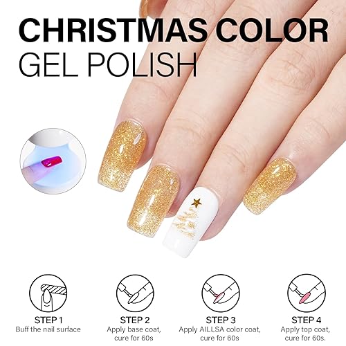 Miniatura 6 de AILLSA Juego de esmaltes de uñas de gel de Navidad, blanco, rojo, verde oscuro, brillante, con base y capa superior, esmalte de uñas de gel rojo