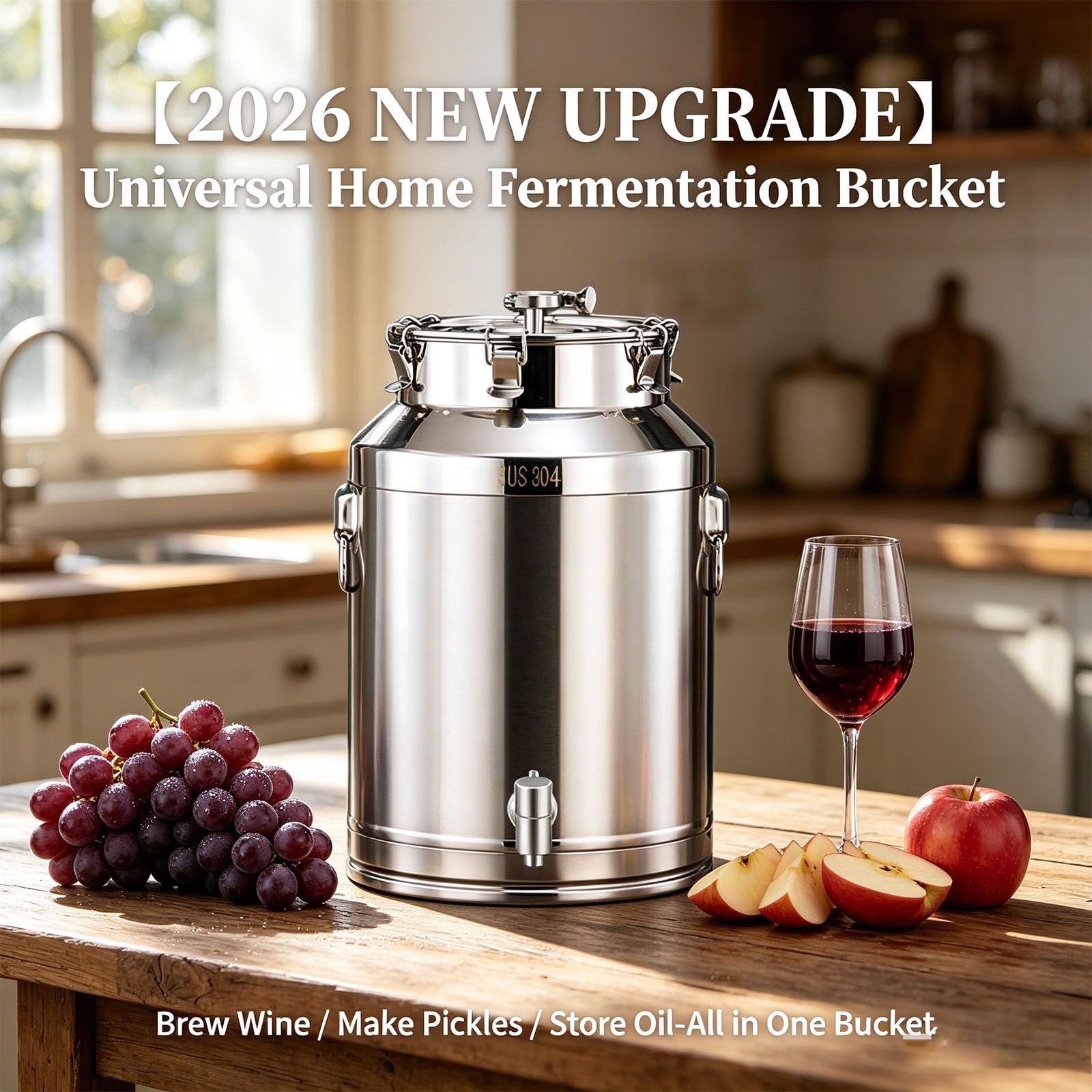Cubo de fermentación de acero inoxidable 304 con cierre de aire, kit de preparación casera resistente para cerveza y vino, recipiente hermético de almacenamiento de alimentos, a prueba de fugas y