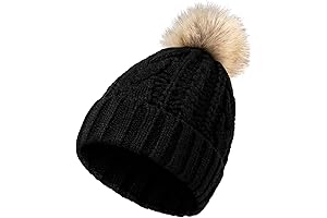 Womens Winter Knitted Beanie Hat with Faux Fur Pom Pom