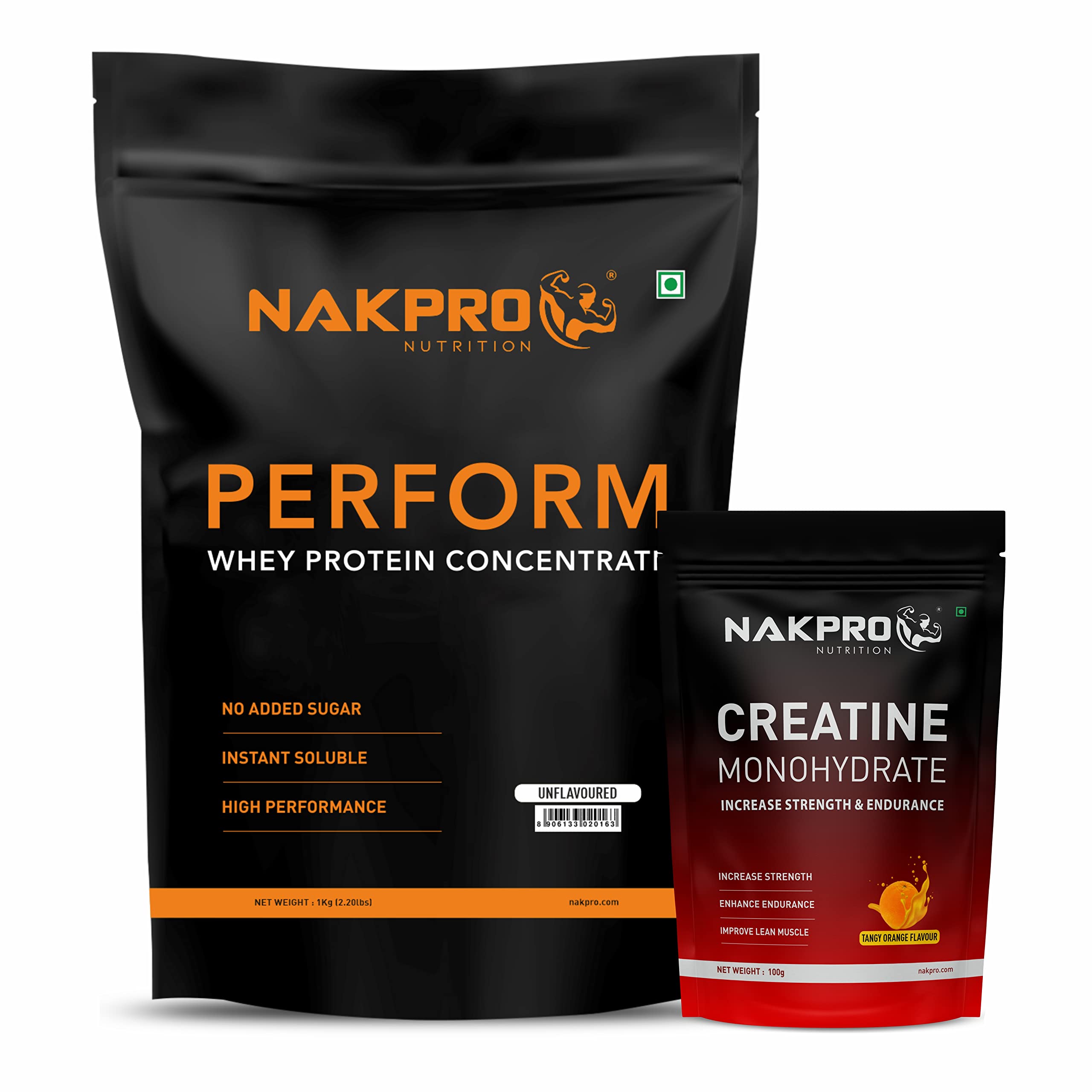 Nakpro Perform Whey Protein Concentrate, 1 Kg Chocolate with 100g Creatine - Fruit Punch | Fast Dissolving & Muscle Recovery Workout Drink, Lean Muscle Growth Powder (Combo Pack) (1kg with 100g Creatine Tangy Orange, Unflavoured)