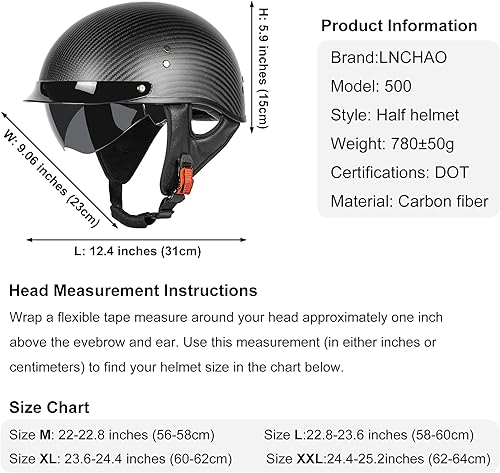Miniatura 6 de Medio casco de motocicleta de fibra de carbono para adultos, hombres y mujeres, cascos retro de cara abierta aprobados por DOT con visera, diseño