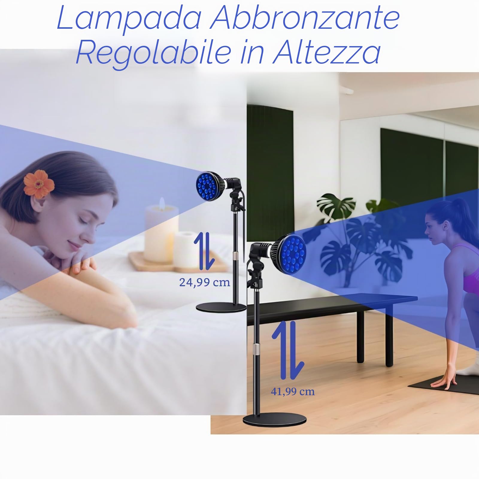 Lampada abbronzante per viso e corpo: 18 LED con terapia della luce blu da 54 W e lunghezza d'onda 460 nm, base e supporto regolabili in altezza, E27, occhiali autoabbronzanti per uso domestico