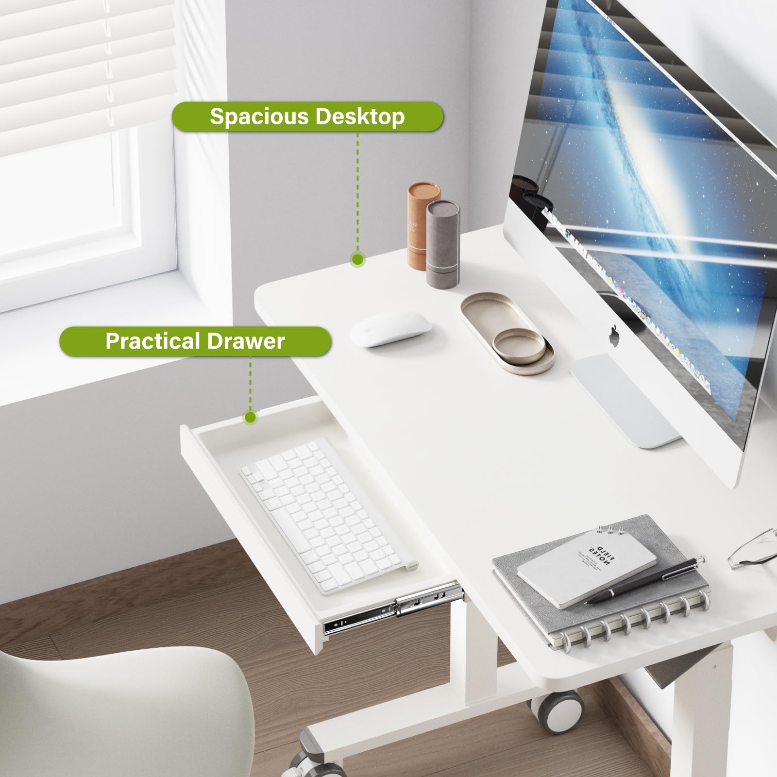 Bureau Debout réglable en Hauteur - Table de Travail Mobile avec roulettes et système pneumatique - Position Assise ou Debout - Bureau Domicile pour Ordinateur Portable - Blanc