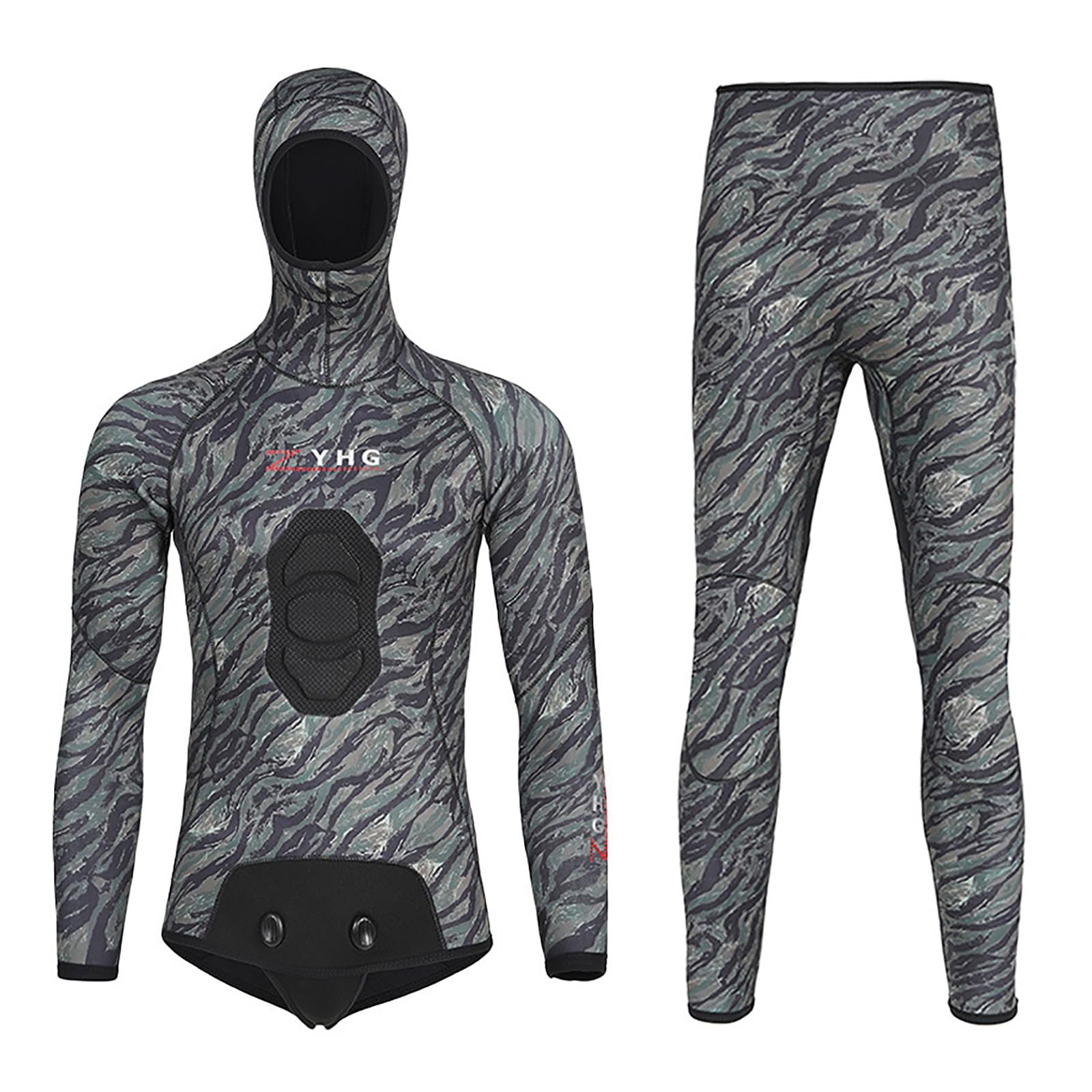 Muta da Pesca Subacquea 3.5mm/5mm in Neoprene con Cappuccio, 2 Pezzi a Cella Chiusa Camouflage con Rinforzo Torace per Apnea e Immersioni in Acque Fredde
