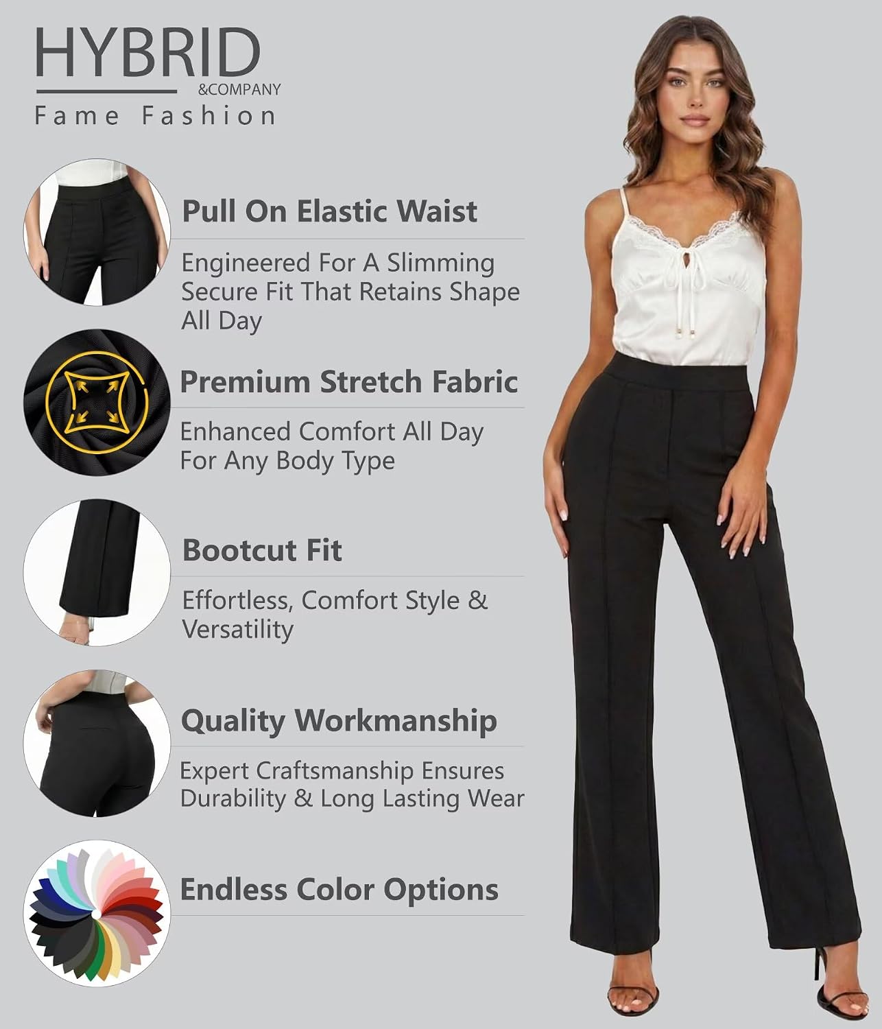 Hybrid & Company Women’s Ultra Stretch Ponte Bootcut Pants Mid-Rise, Sleek Pintuck, Pull On, Faux Pockets Office & Casual