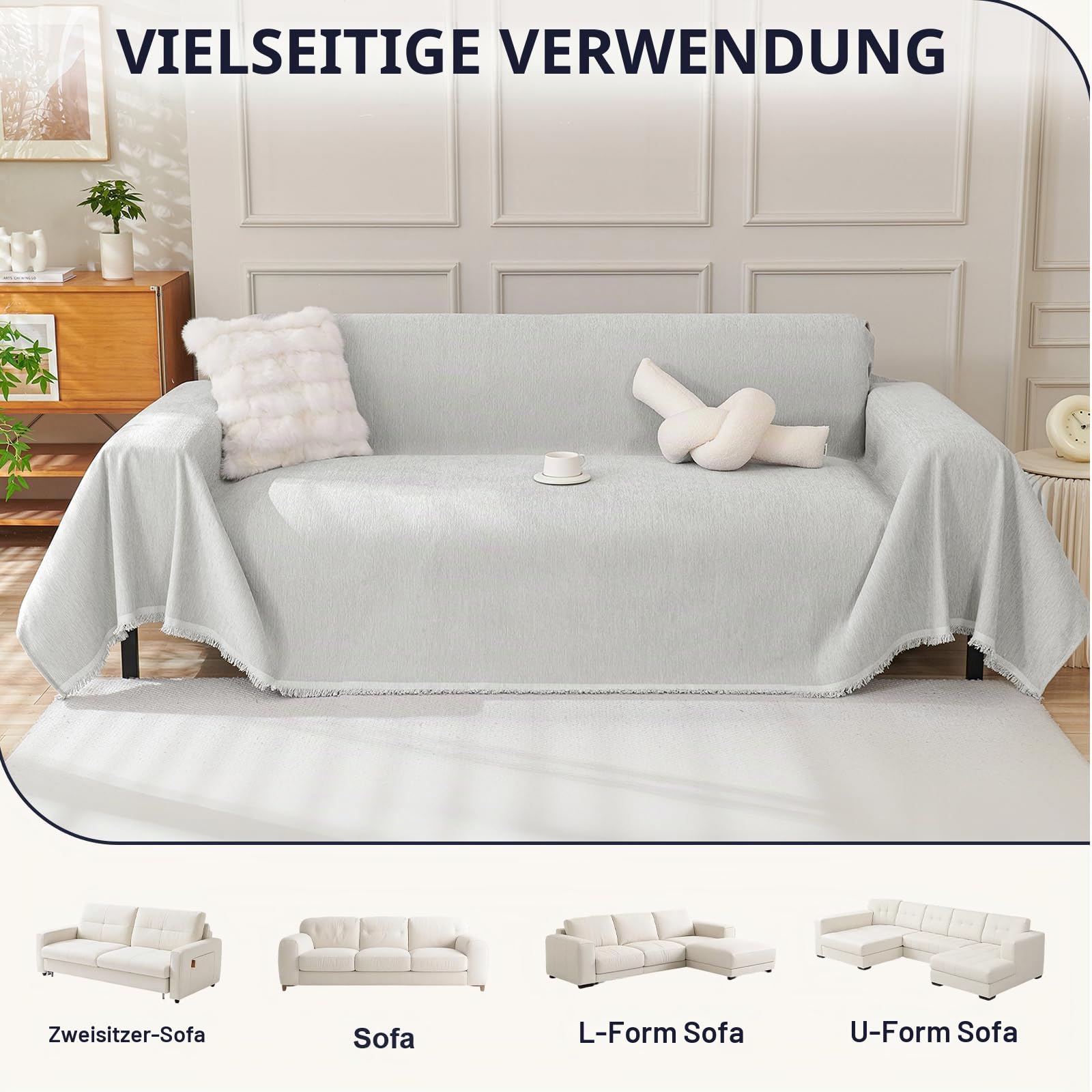 Royhom Sofa Überzug Chenille, Sofabezug L Form, Couch Überzug Ecksofa, Sofaüberwurf 2 Sitzer, Couch Überwurf mit Deko Quasten, Hellgrau Sofa Überwurf(Hellgrau, 180x300cm)