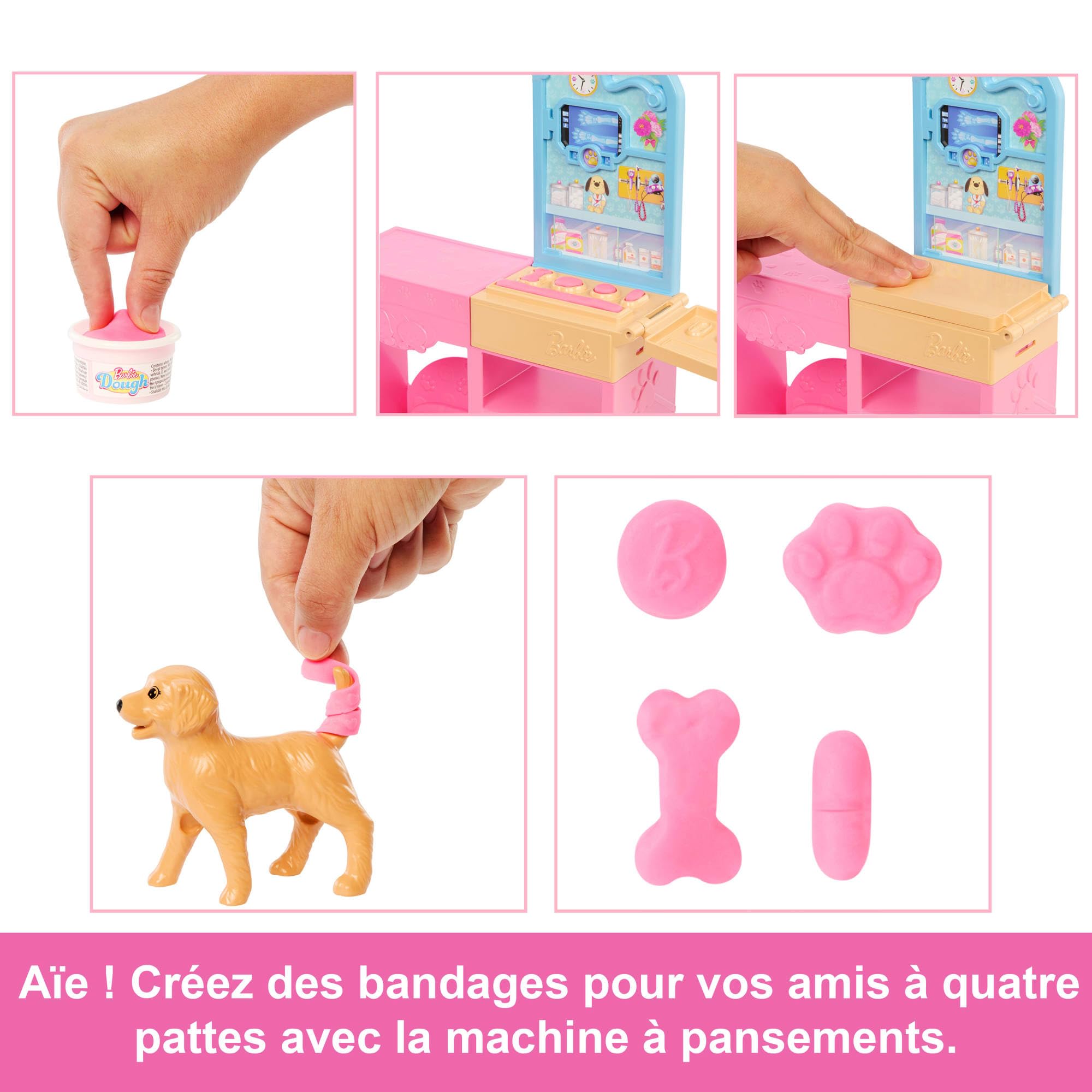 Barbie Coffret La Clinique vétérinaire de Barbie avec poupée aux cheveux roses, mobilier de cabinet vétérinaire et plus de 10 accessoires, JFX93