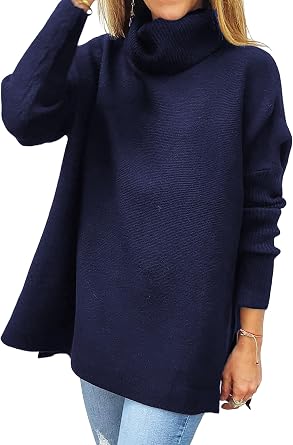 Womens Turtle-Neck Oversized Sweaters Long Batwing Sleeve Spilt Hem Tunic Pullover Knit Tops Royal XXL