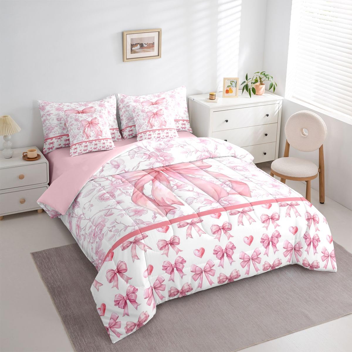 Feelyou Girls Pink Bow Comforter Set with Sheets 7 Piece Twin Size Cute Flower Bowknot Bedding Set for Kids Boys Girls Girly Bow Tie Bed in a Bag Princess Room Decor Soft Lightweight Microfiber