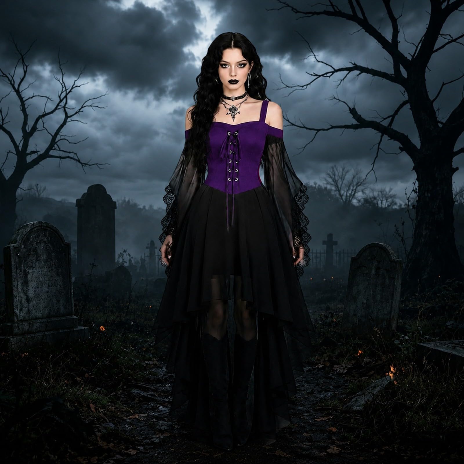 Halloween Costumes Adult Women Cold Shoulder Strap Gothic Dress A-Line Mesh Patchwork Medieval Costume Ladies Vintage Steampunk Lace Up Renaissance Irregular Hem Plus Size Gothic Witch Dress