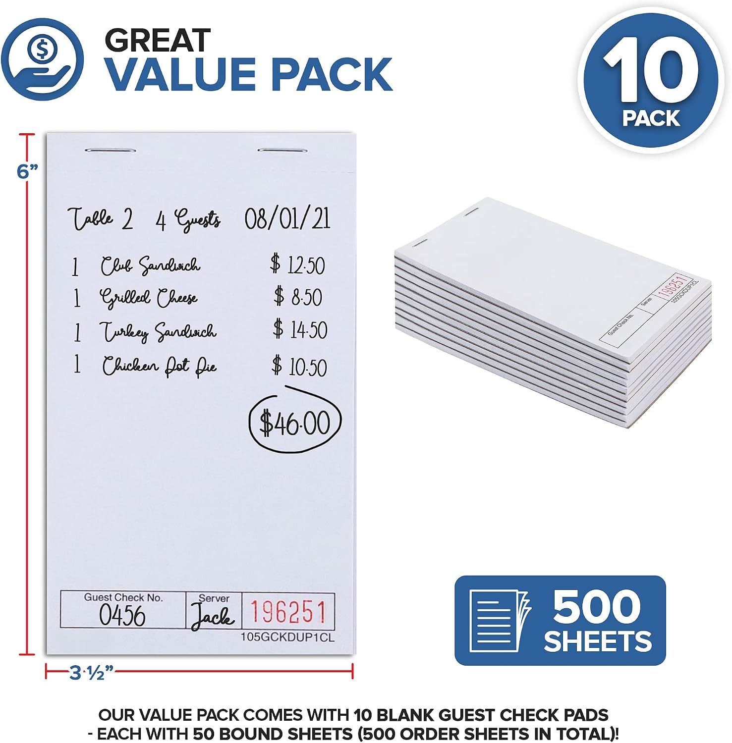 3.5 x 6 Blank White Guest Check Pads (10 Pack) - 1 Part White Paper Guest Check Pads - Detachable Checks - Numbered Server Notepads & Waitress Order Pads - Check Pads for Diners - Stock Your Home