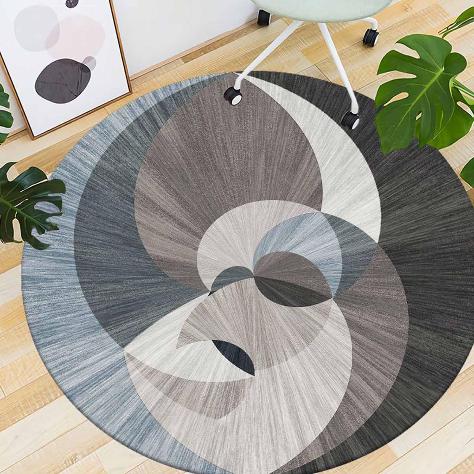 Tapis rond abstrait gris noir et blanc pour salon et chambre de 120 cm