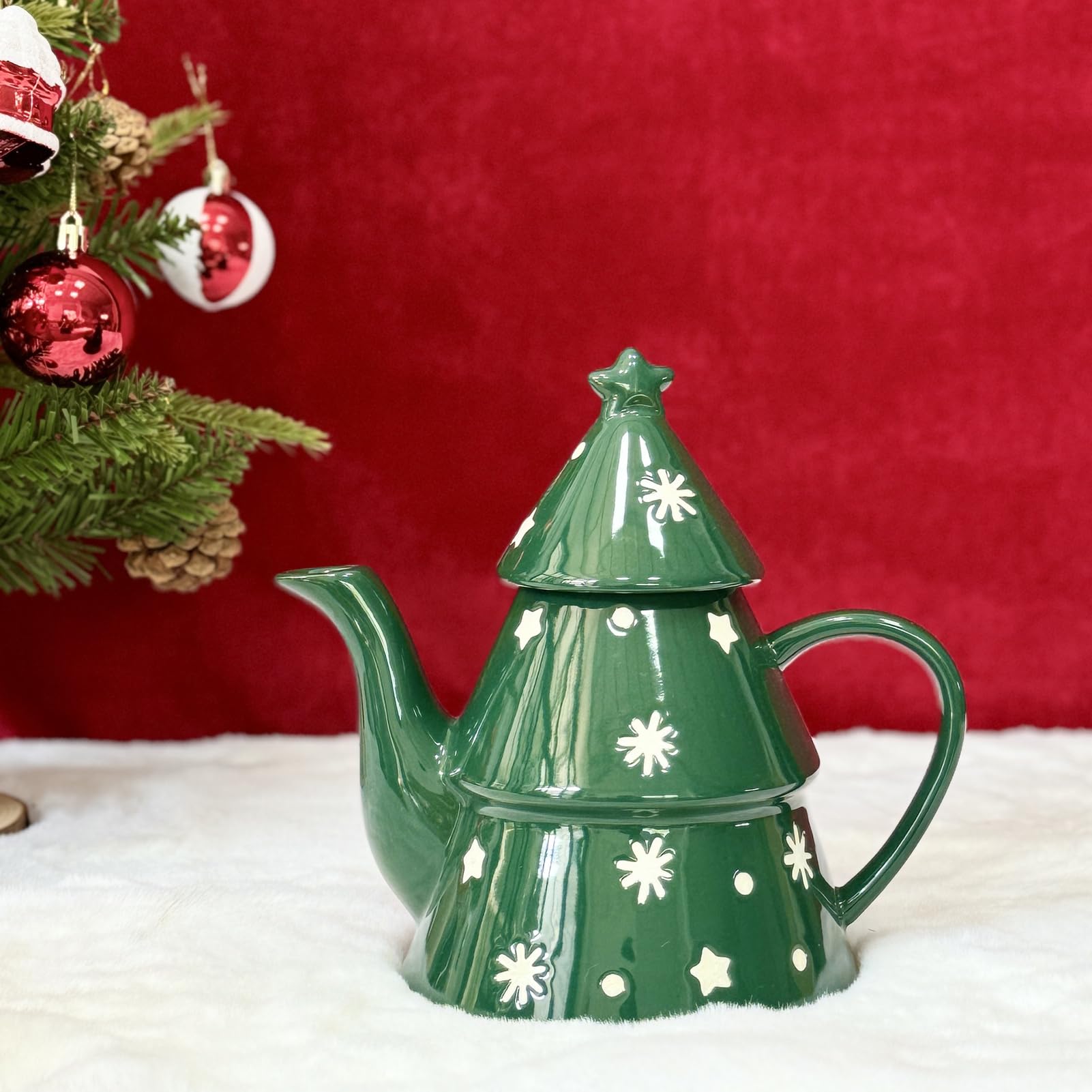 Teekanne Weihnachten, Porzellan Weihnachtsdekorationen, Keramik Weihnachtskanne Kaffee Tee, 820 Ml Süße Weihnachten Kaffeetasse, Kaffeekanne Mit Weihnachtsbaum Perfekt Für Tee Und Kaffee (A)