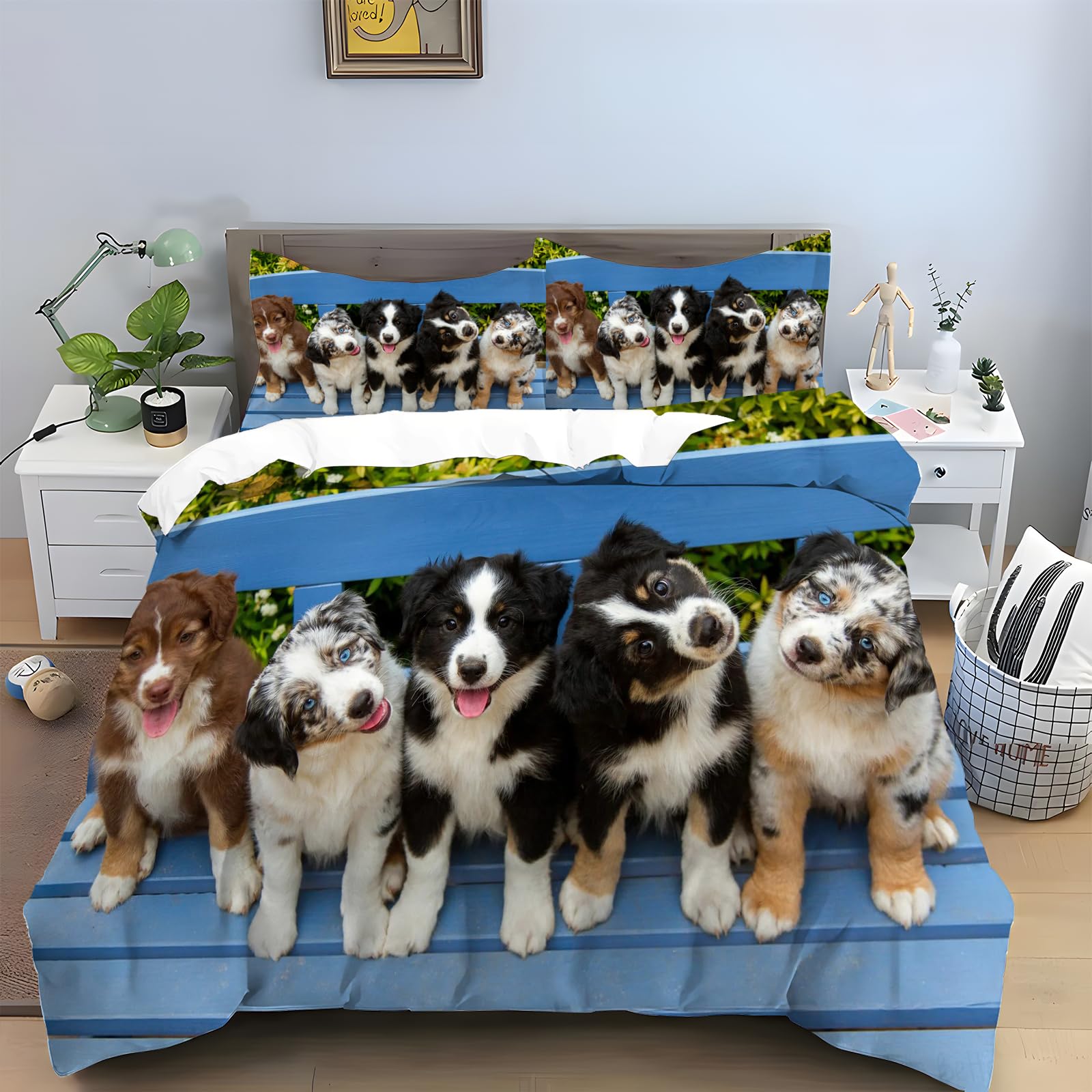 Housse de couette chien bleu parure de lit 2 personnes résistante aux poils d'animaux