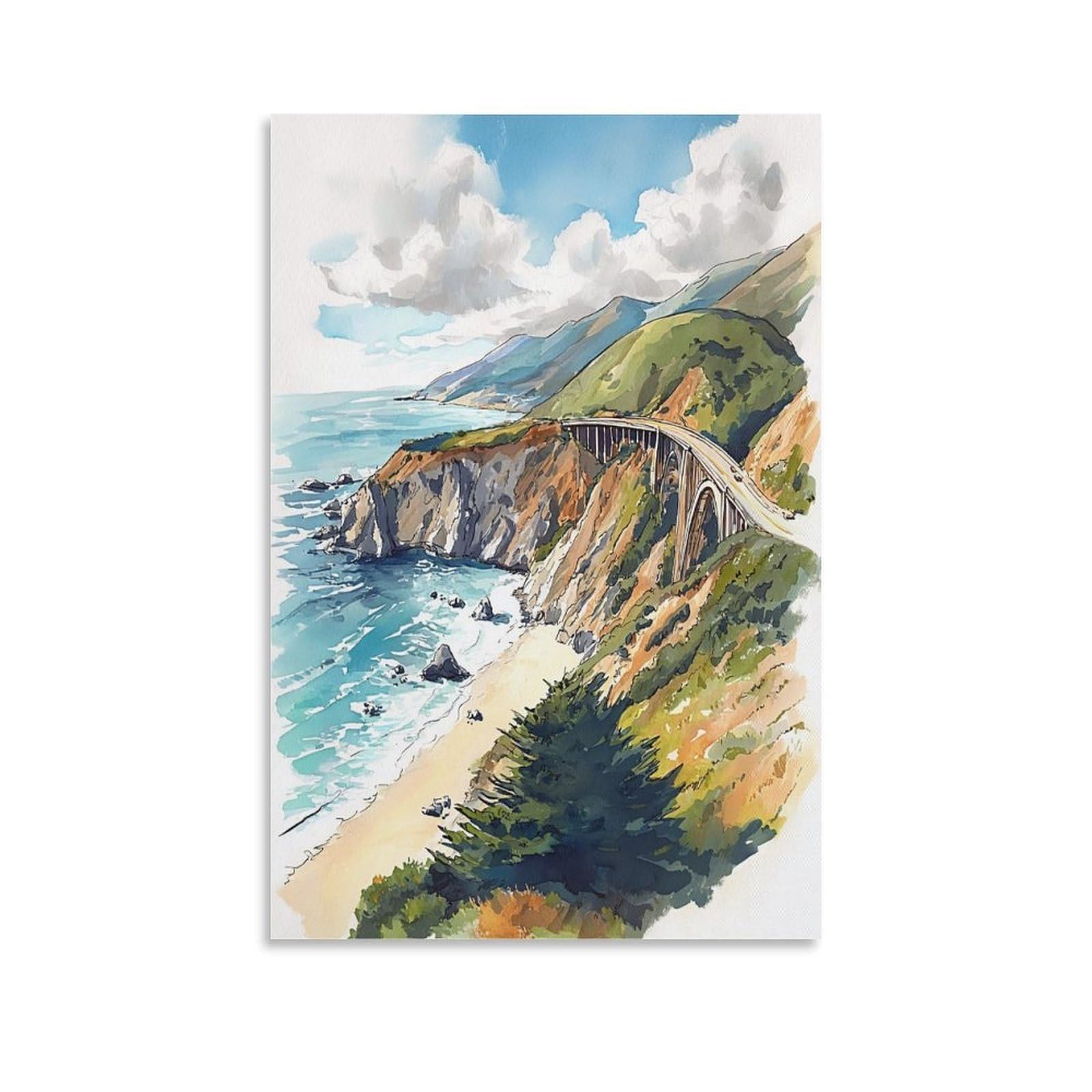 LCYNNH Big Sur Watercolor Painting California Coast Travel 24x36inch(60x90cm) Print Home Bedroom Office Living Room Decor Canvas