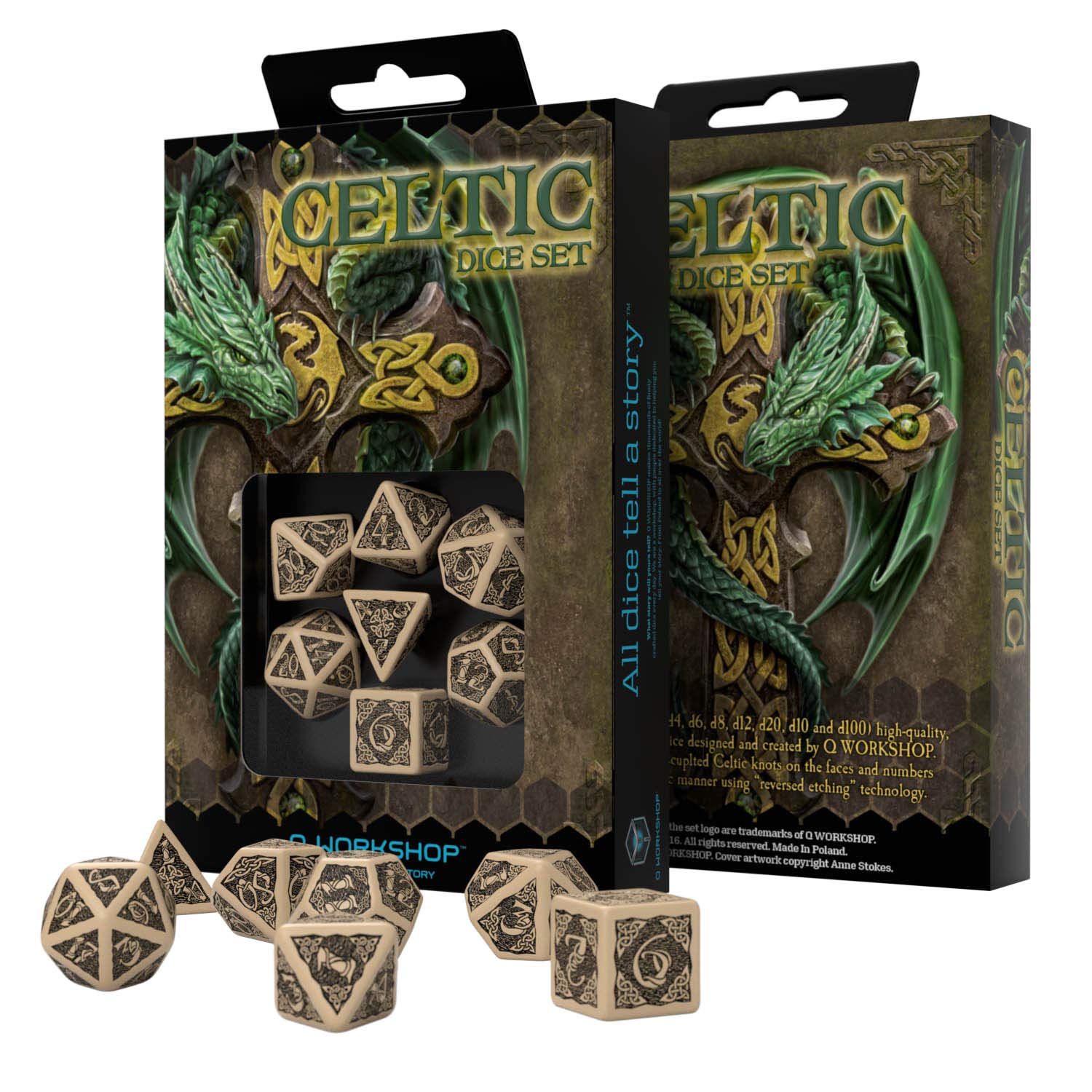 Q-Workshop Q-Taller QWOCER18 - Celtic Dados 3D, Juego de Mesa, Beige/Negro