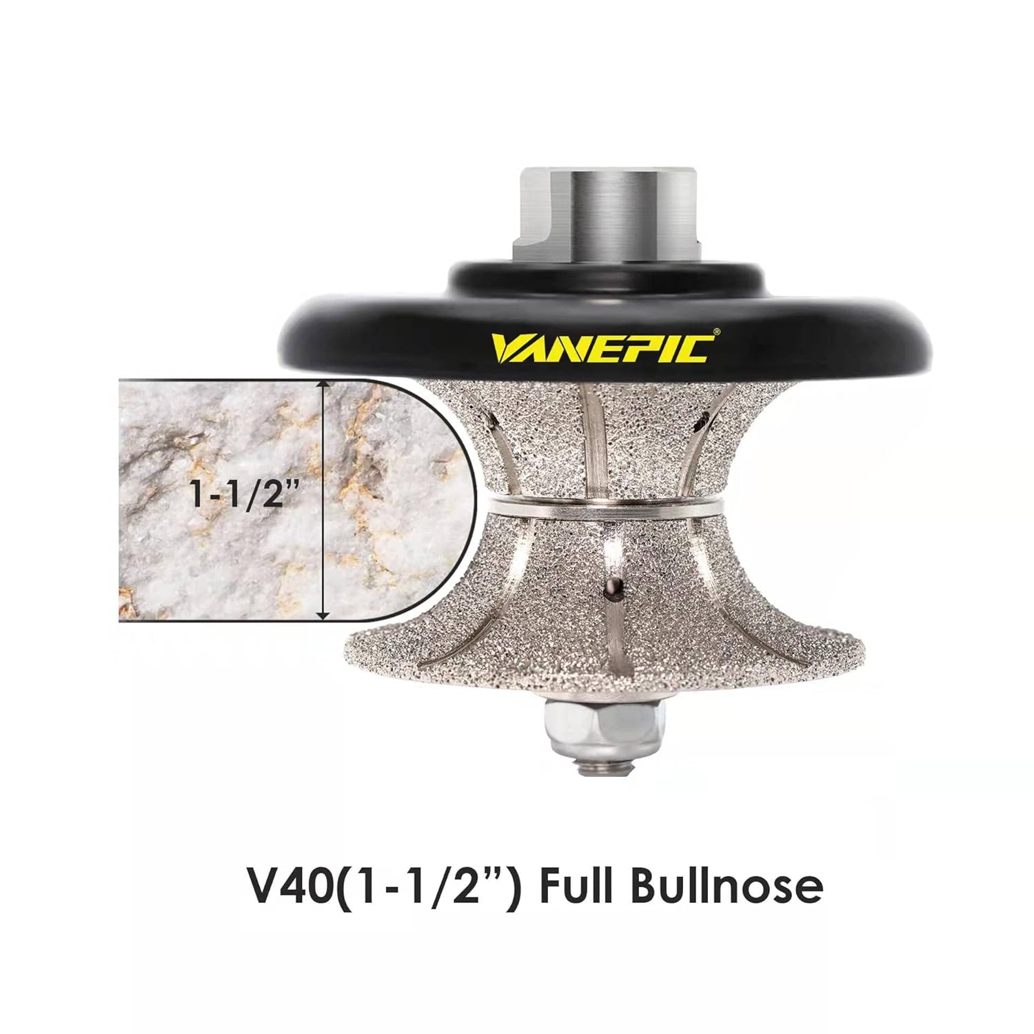 V40 1-1/2 inch Full Bullnose Diamond Hand Profiler Router Bit for Granite Diamond Profile Wheel with 5/8-11 Thread for Granite Concrete Marble Countertop Edge