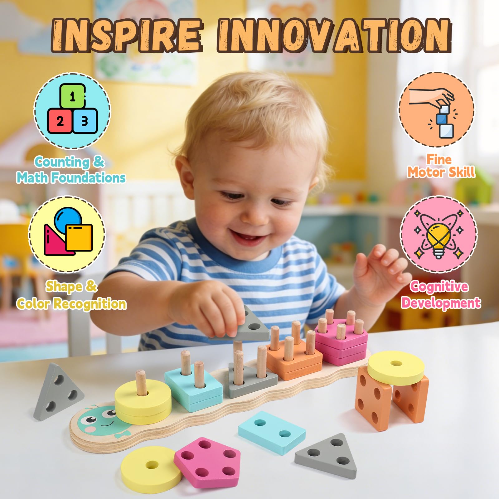 Rtomry Montessori Spielzeug ab 1 Jahr - Holzspielzeug ab 1 Jahr Steckspiel & Motorikspielzeug für Baby & Kinder - Pädagogisches Lernspielzeug & Geschenk 1. Geburtstag Junge Mädchen(Caterpillar Design) - 3
