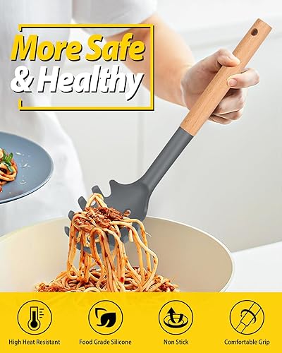 Miniatura 3 de Juego de tenedor y cucharón de silicona para pasta con mango de madera, utensilios de cocina antiadherentes resistentes al calor para cocinar,