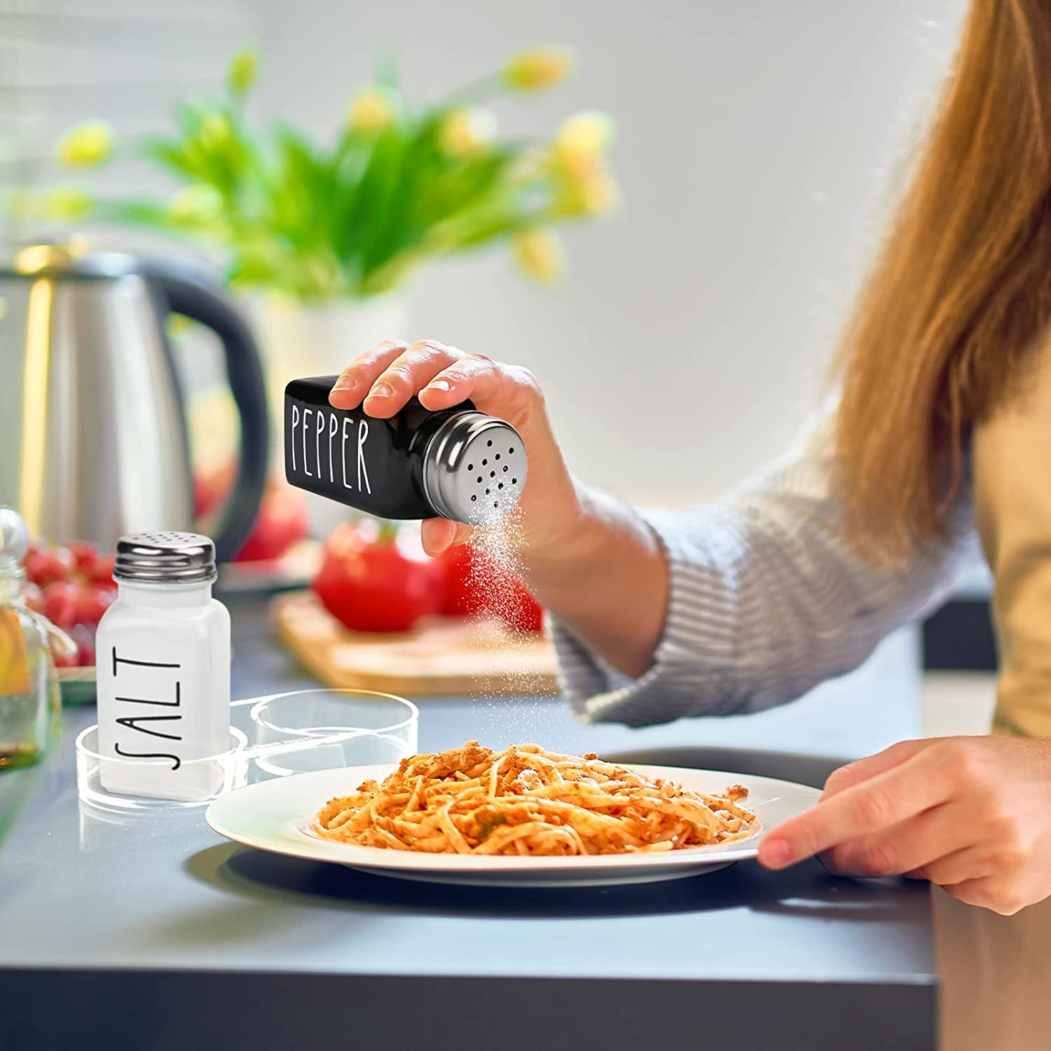 Set Saliera E Pepiera In Vetro Con Coperchio In Acciaio Inossidabile - 2 Pezzi Bianco E Nero - Barattoli Per Spezie E Condimenti Da Cucina - 80 Ml - 3