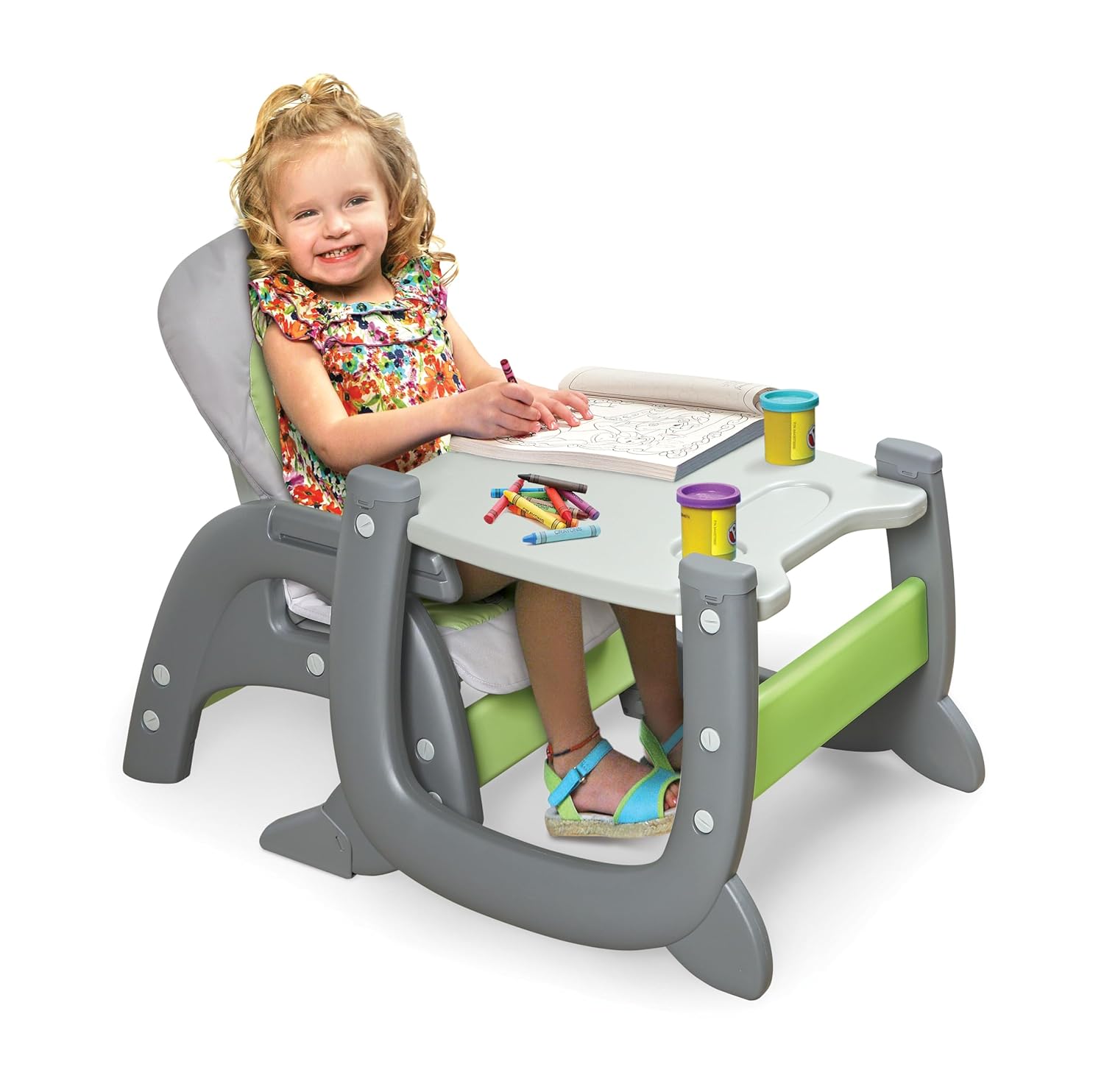 Badger Basket Envee II Convertible Baby High Chair – Infant Feeding Seat, Booster, and Toddler Desk with Tray and Cushion – Cool Gray/Green