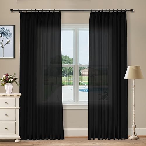 Cortinas plisadas de lino para oscurecer la habitación, paneles plisados filtrantes de luz para sala de estar y dormitorio (negro, 72 pulgadas de