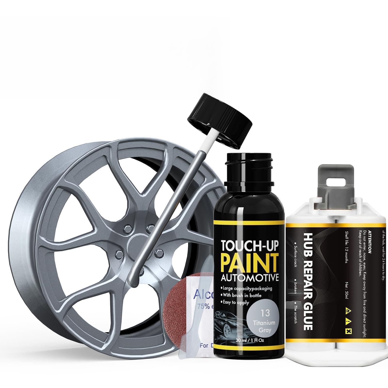 Titanium Gray Rim Touch Up Paint, Rim Repair Kit Curb Rash, Wheel Touch Up Paint for Quickly Fix Rim Scratches, Chips and Surface Damage