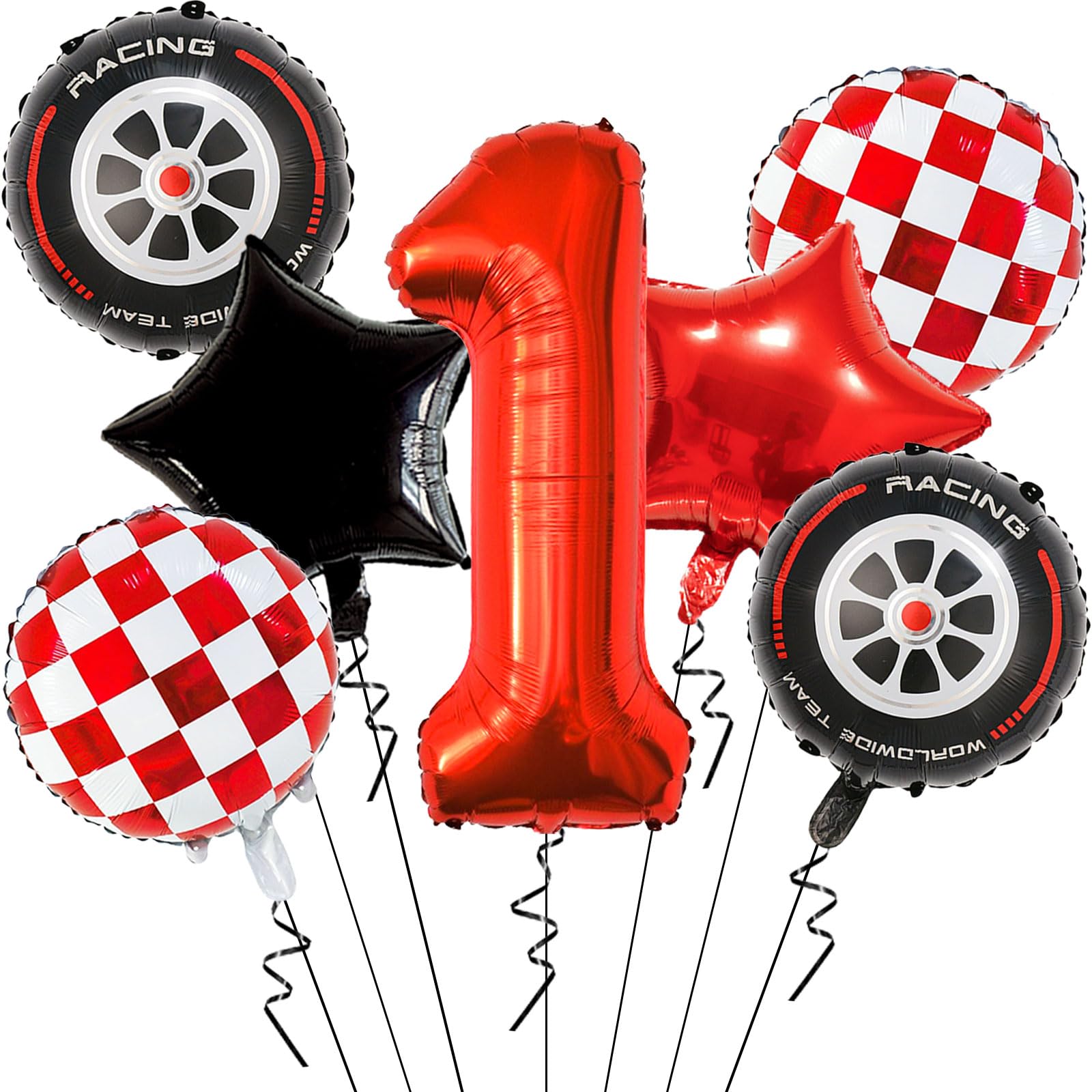 Race Car Balloons Birthday Decorations - 40 Inch Mylar Red Number 1 Balloons - Red Foil Checkered Race Car Balloons for First Birthday Race Cars