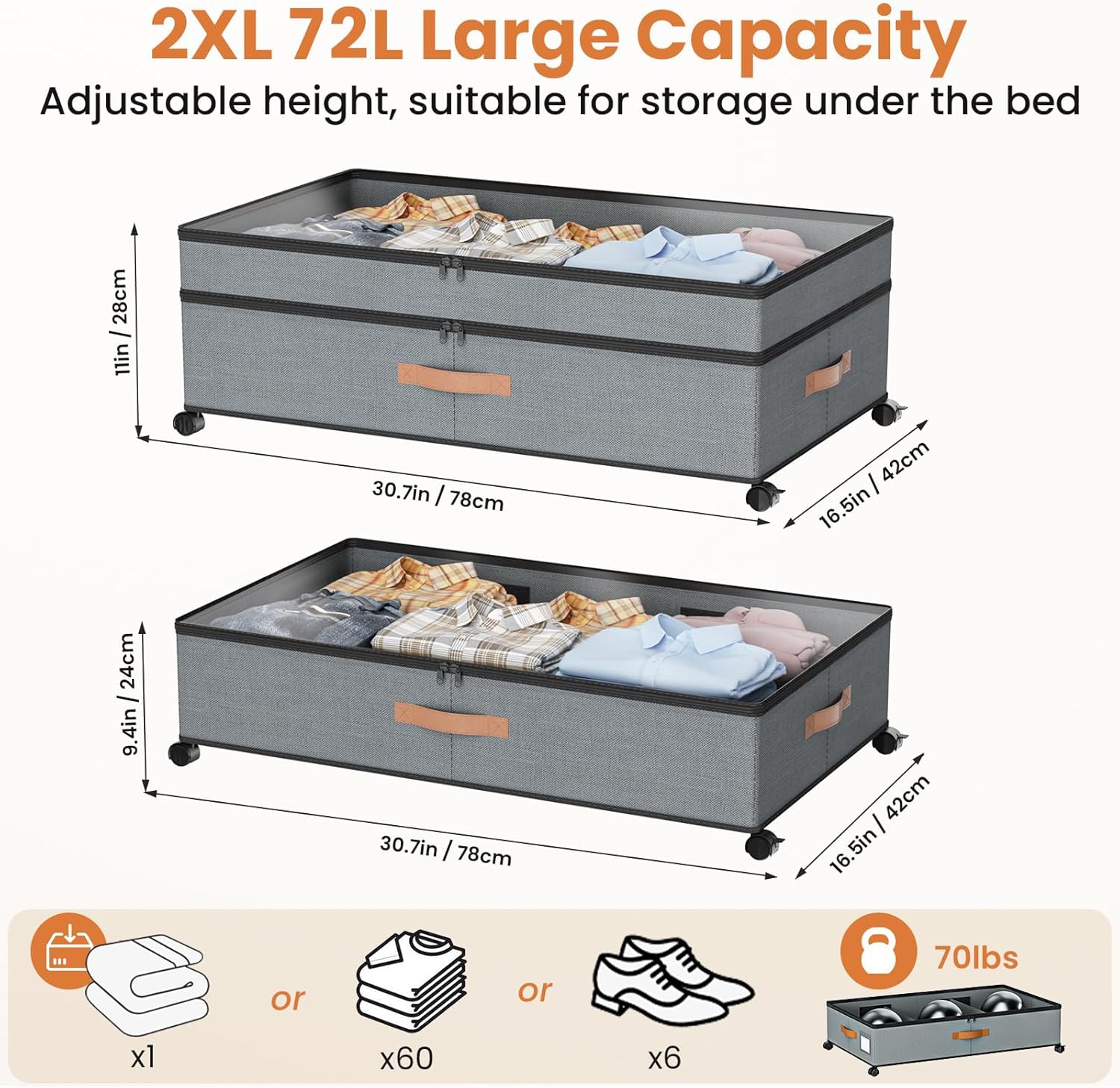 Under Bed Storage with Wheels, 2Pack 72L XXL Closet Organizers and Storage Bins Large, 10 in Higher Adjustable Storage for Underbed With Handles,Under Bed Drawer for Shoes, Clothes, Blankets, Toys
