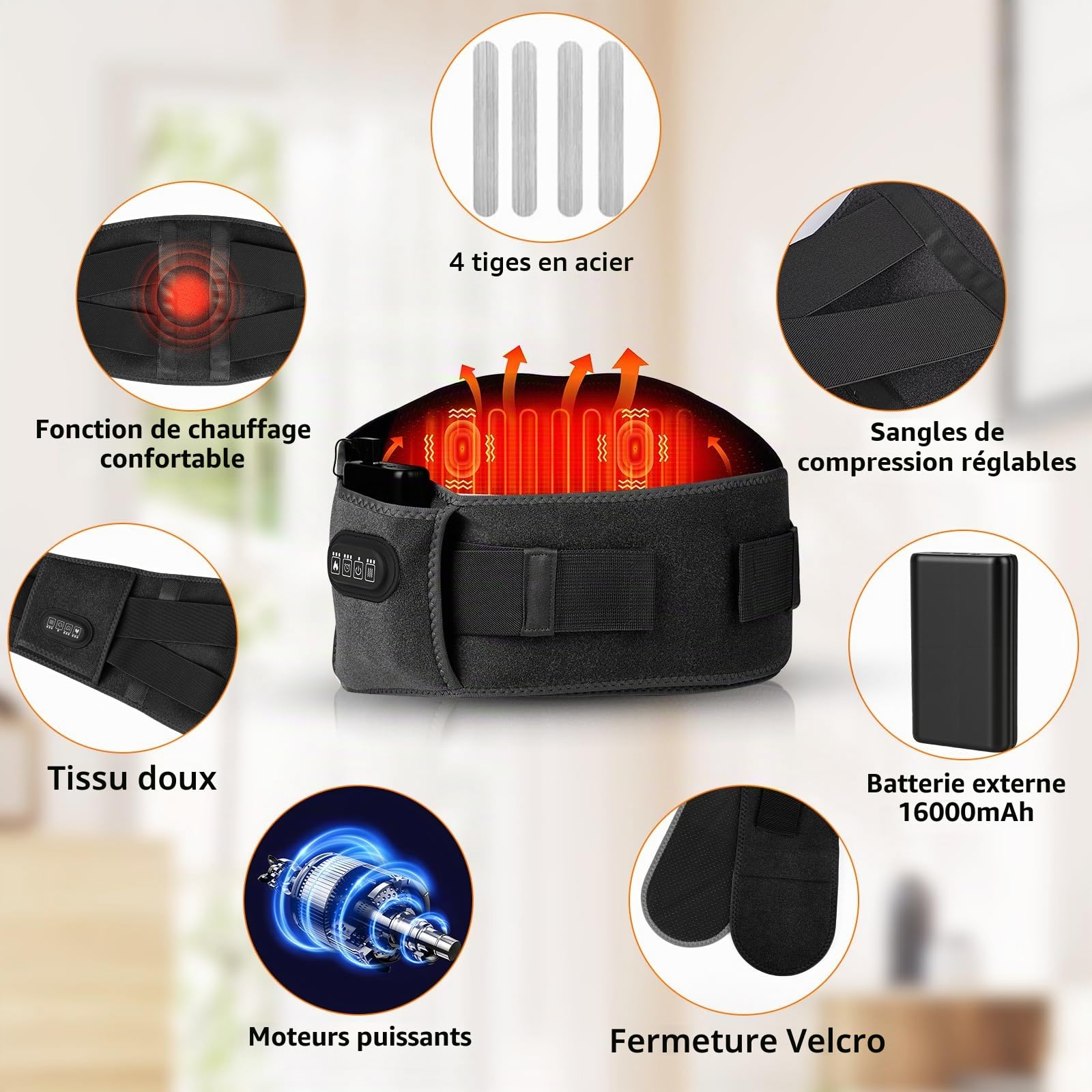 GuKKK - Bande chauffante électrique 16000 mAh - Chauffage Lombaire avec 3 niveaux de température et massage par vibration, bande chauffante Lombaire, pour dos de Abdomen (Noir)