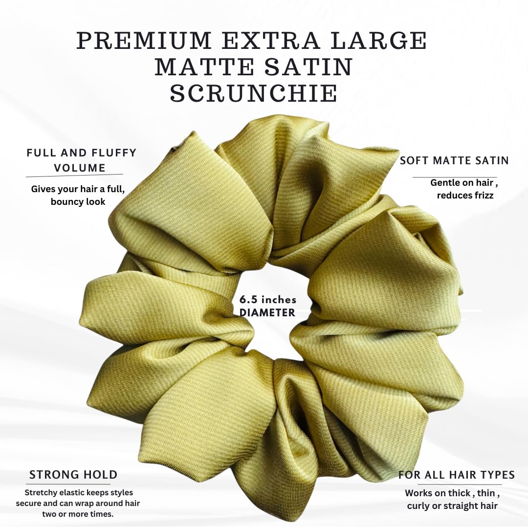 DeNob 4-Piece Matte Satin Hair Gift Set: XL Scrunchies for Thick Hair, Mini silk-feel Ties, Matching Barrette and Earrings - Anti-Breakage Self-Care Kit Everyday use (Olive mix)
