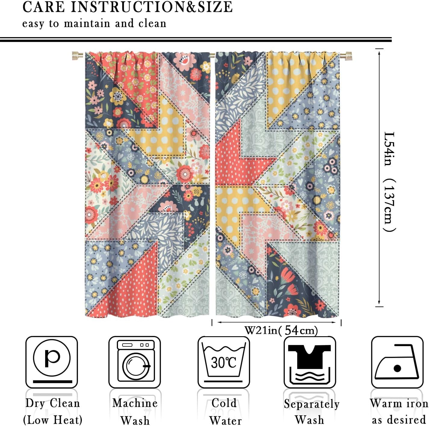 Boho Patchwork Blackout Curtains,Colorful Retro Mid-Century Floral Spring Plant Rustic Print Rod Pocket Window Treatments Drapes for Bedroom Living Room Kitchen Bath42x54in
