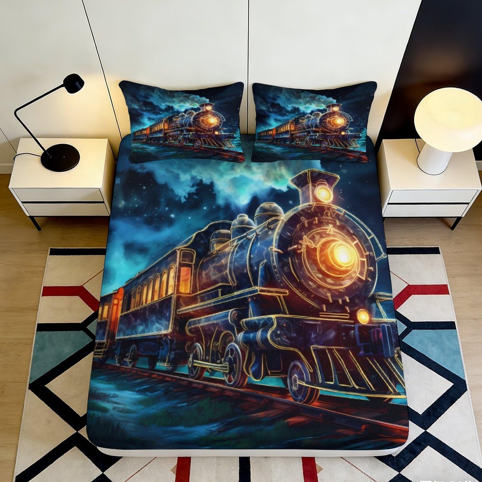 3D Printed Night Train Fitted Sheet Microfiber Soft Breathable Steam Locomotive Bed Cover for Bedroom Dorm Decor 90x200x25cm