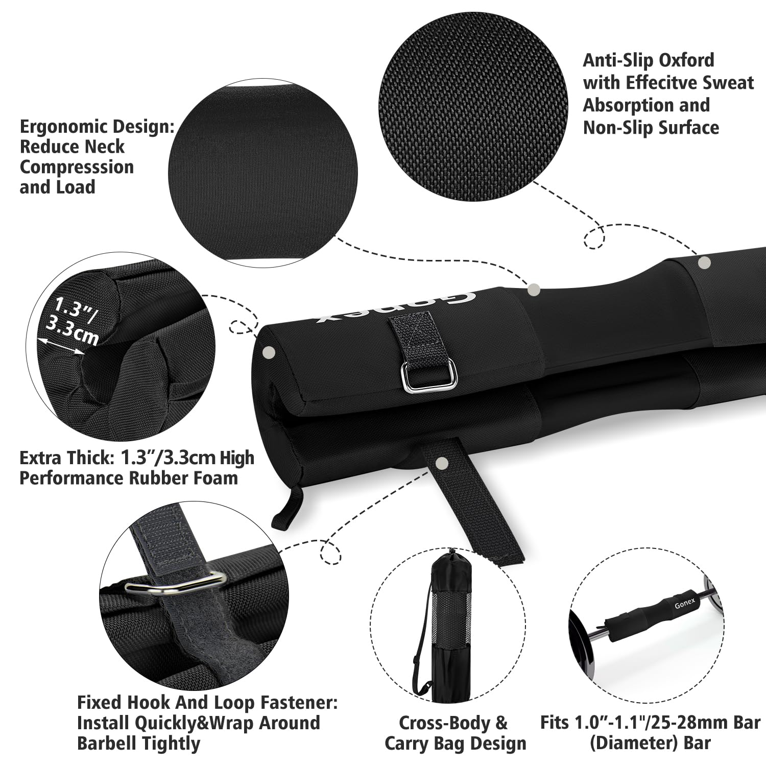 Gonex Mousse Barre Musculation Manchon à Squat pour Squats Lunges Hip Thrusts Haltérophilie, Barbell Squat Pad avec 2 Sangles de Cheville Bande de aux Hanches, Convient aux Barres Olympiques