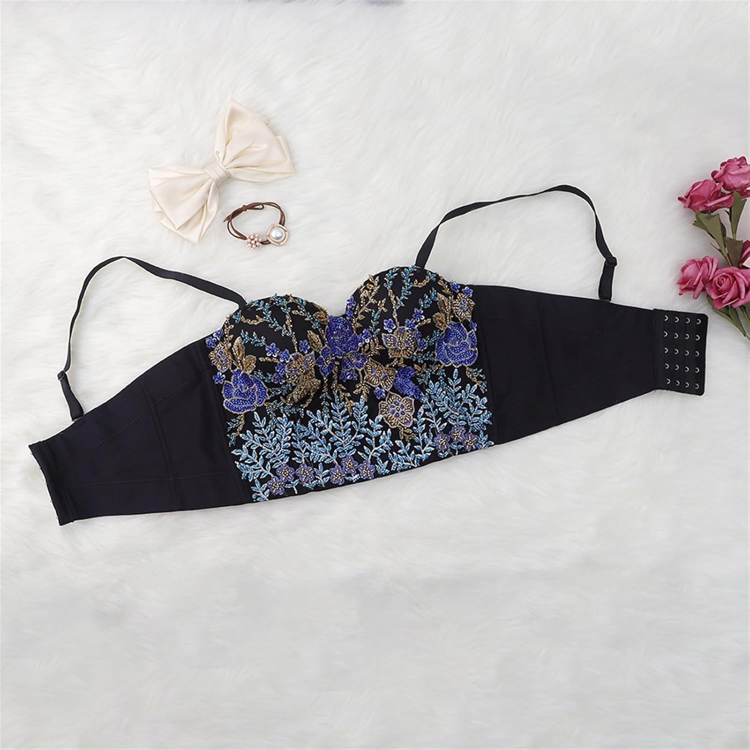 Women's Embroidery Floral Rhinestone Corset Bustier Club Party Bra Push Up Halter Tops