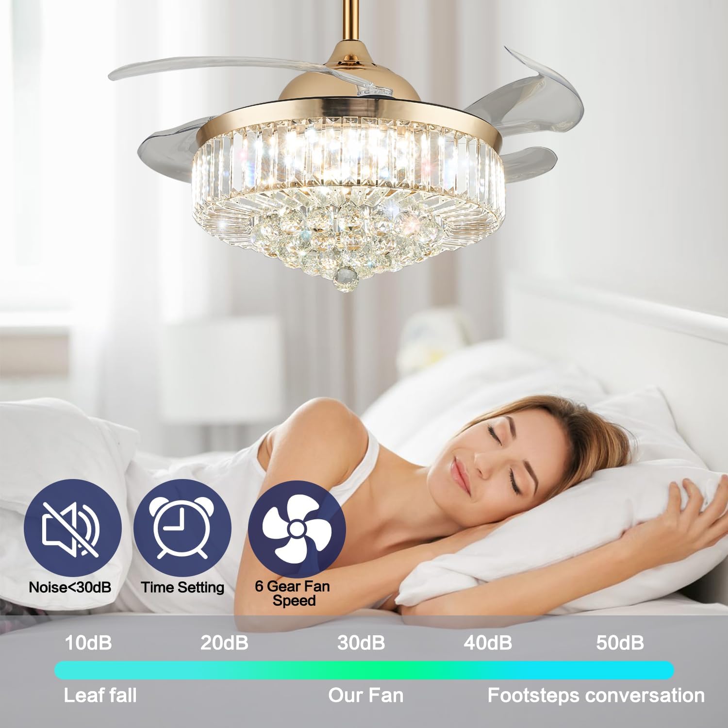 36" Dimmable Gold Fandelier Crystal Ceiling Fans with Lights and Remote, Modern Chandelier Ceiling Fan with Invisible Retractable Blades for Bedroom Living Room 6 Speed