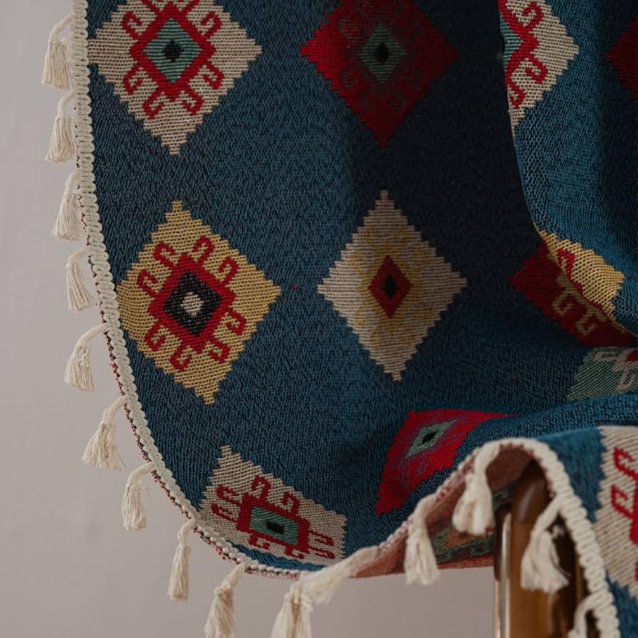 USTIDE Boho Ethnic Vintage Rustic Chic Shabby Geometric Curtains - Colorful Room Darkening For Bedroom Living Room, Tassels, 150x180cm