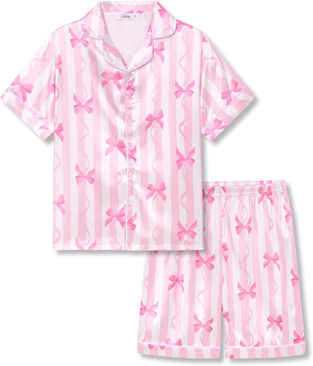 Tebbis Girls Silky Satin Pajamas Short Sleeve Button-Up Set Size 6/7-16
