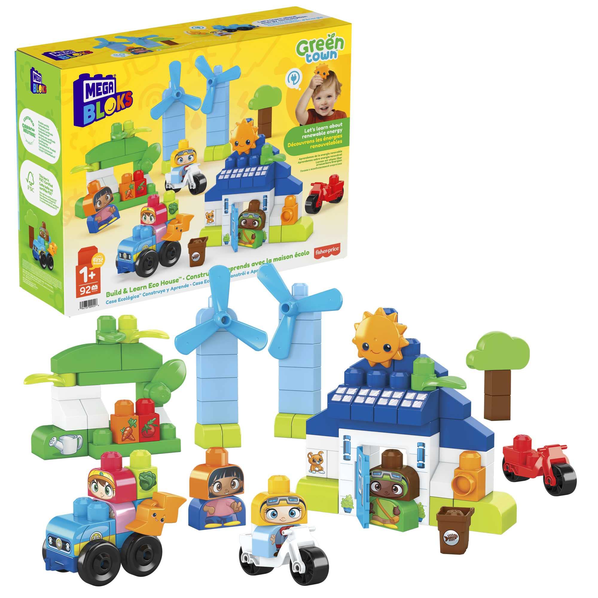 Mega Bloks Ciudad Verde Casa ecológica Construye y Aprende, Juguete de Bloques de construcción para bebé +1 año (Mattel HCG36)