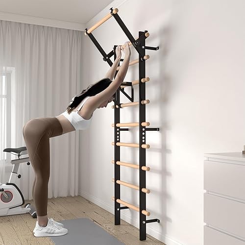 Miniatura 5 de Escalera sueca barra de madera para parada, entrenador de suspensión con barra de dominadas y accesorios de barra de inmersión, barra de madera con