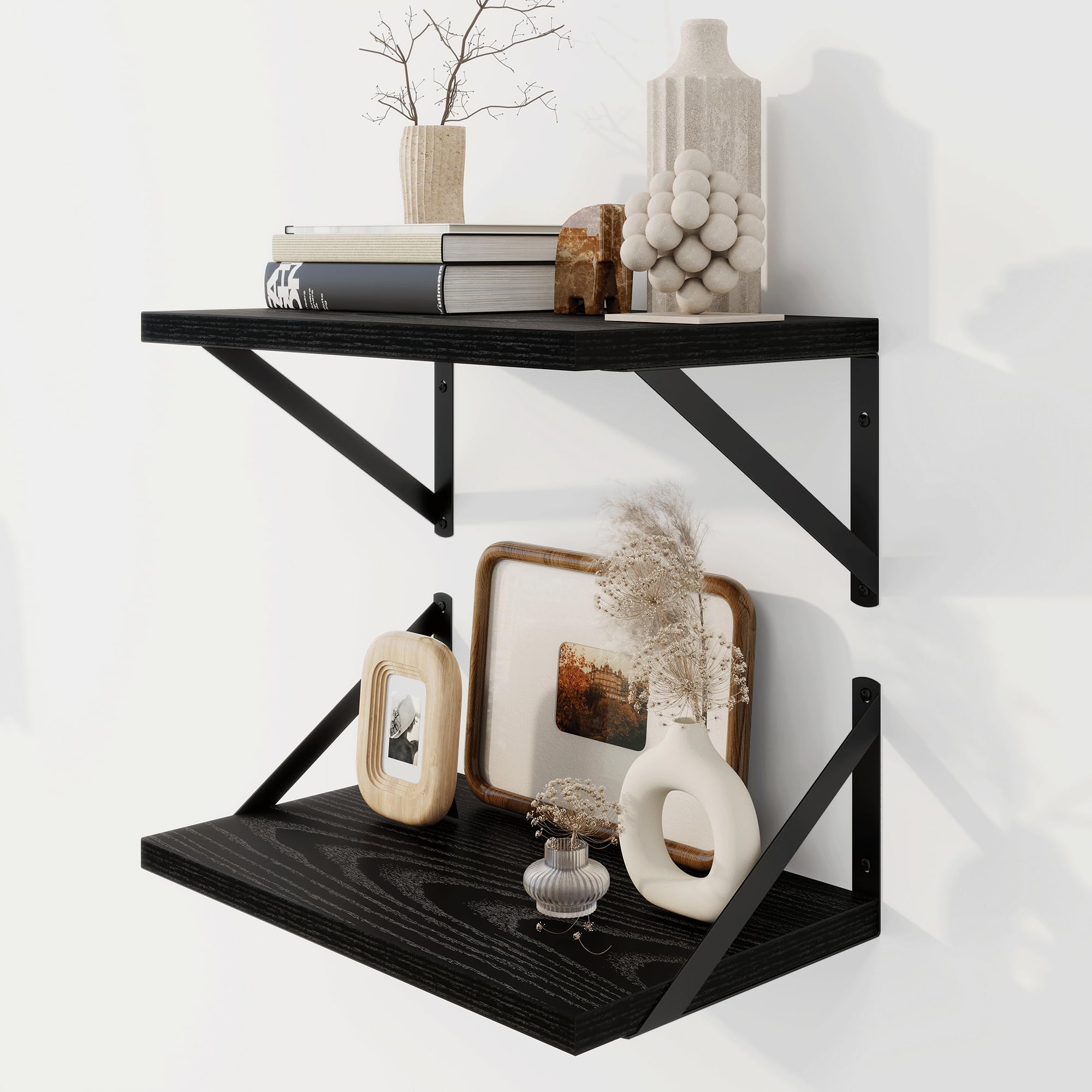 Fun Memories Floating Shelves, 40 x 20 CM, Set of 2 Wall-Mounted Shelves with Metal Brackets, Decorative Wall Shelf for Living Room, Bedroom, Bathroom (Black)