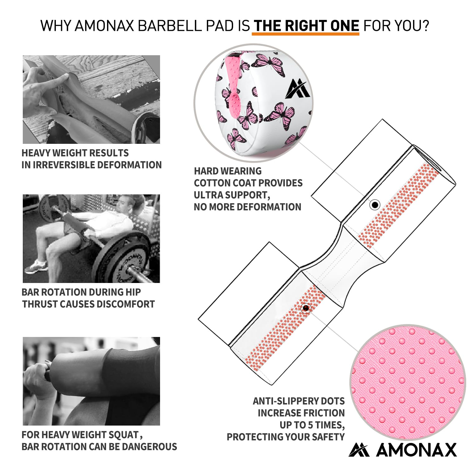 AMONAX Barbell Squat Pad, extra dikke schuimvulling voor nek- en schouderondersteuning, heavy duty gym fitness workout hoes voor vrouwen heupstoten, gewichtheffen en zware squats (vlindervlinder