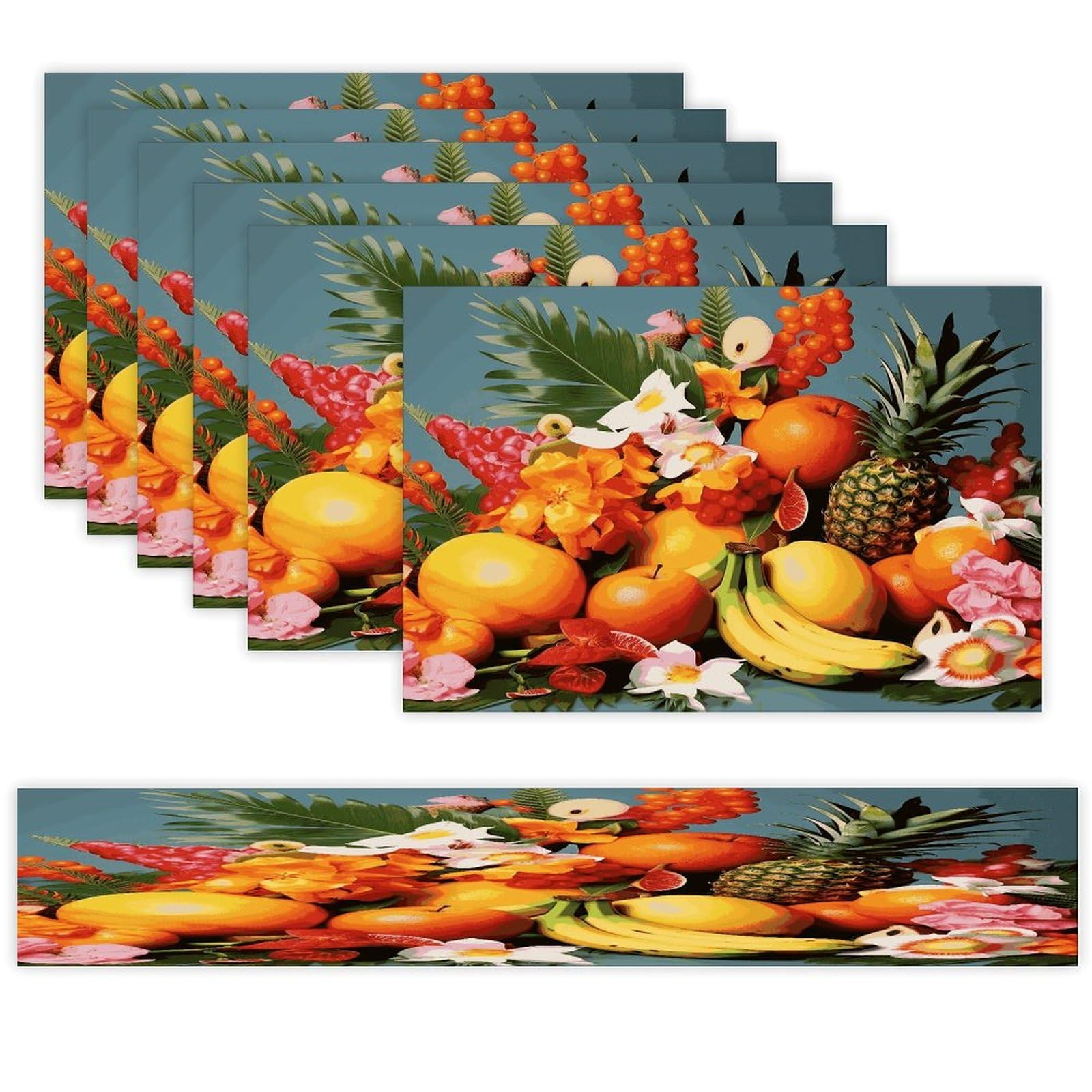 Tropical Fruits and Flowers Table Runner and Placemats Set of 6 Wipe Clean Heat Resistant Table Mat with Table Runner Decorations Flax Linen Place Mat Set for Home Kitchen Party Supplies