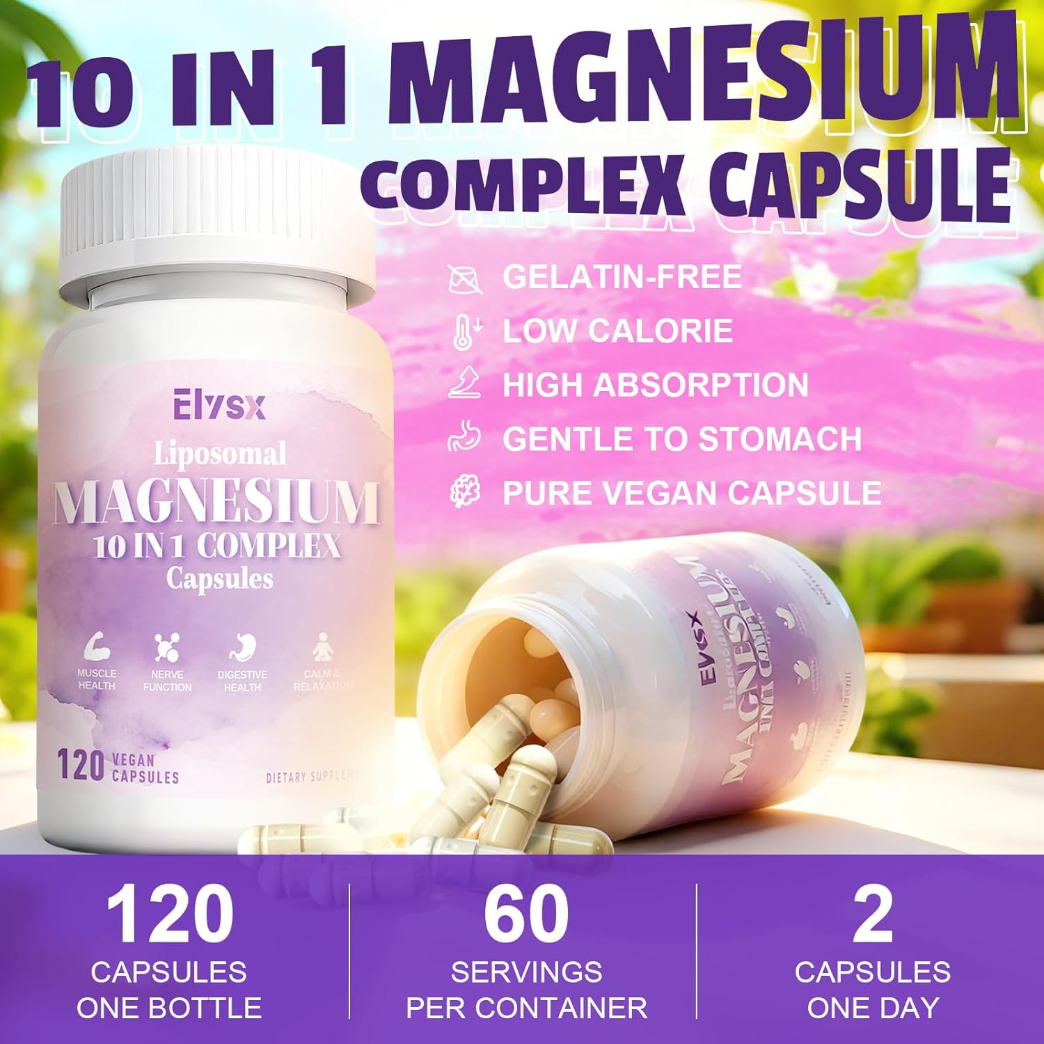 10 in 1 Magnesium 500mg Complex Capsule, Magnesium for Women, with L-theanine, Acetyl-L-Carnitine, R-Alpha Lipoic Acid, Coq 10, B6, D3 & K2, Digestive Health, Muscle & Nerve, Sleep, Vegan, 120 Ct