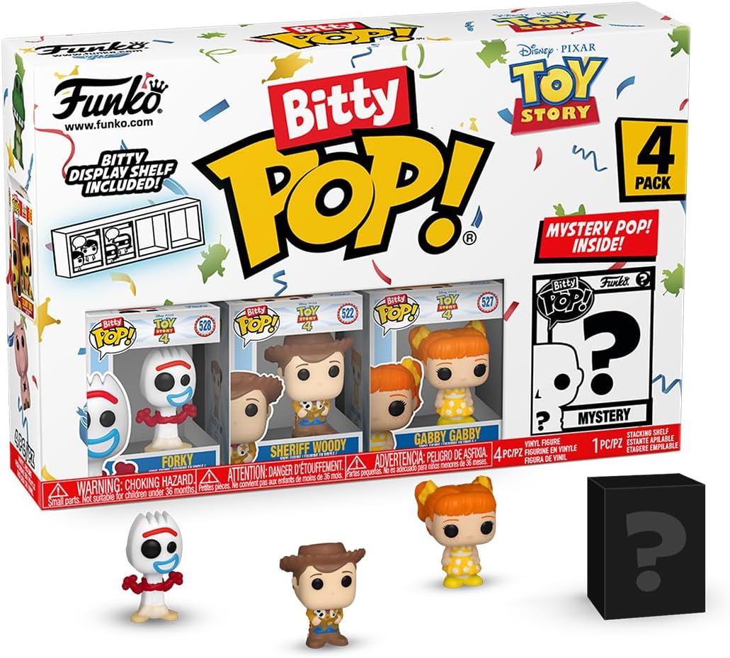 Bitty Pop! Toy Story - Forky 4PK - Forky, Woody, Gabby Gabby and A Surprise Mystery Mini Figure - 0.9 Inch (2.2 Cm) Collectable - Stackable Display Shelf Included - Gift Idea - Cake Topper