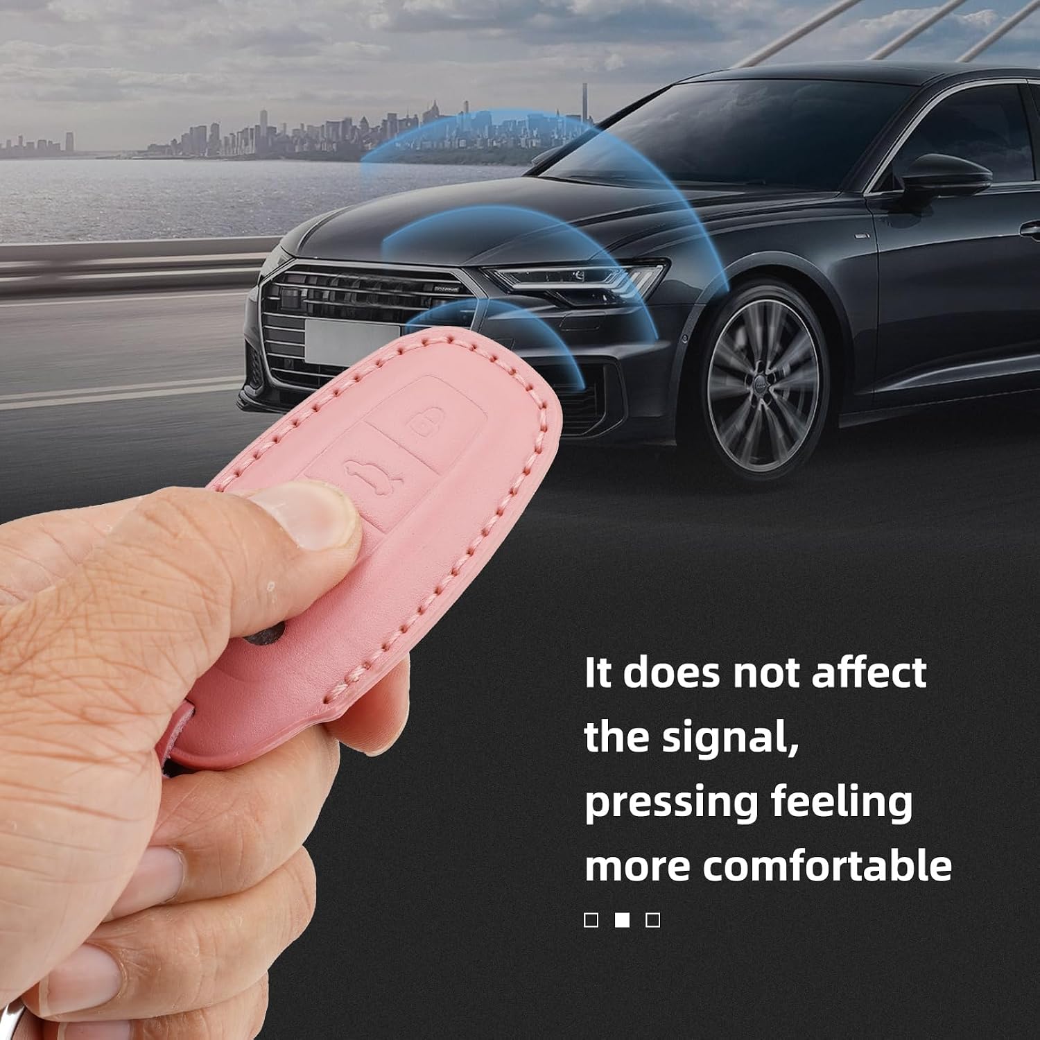Genuine Leather Key Fob Cover with Keychain, Compatible with Aud 2019-2022 A3, A6, A7, E-Tron, A8, and Q8 Smart Key (Pink)