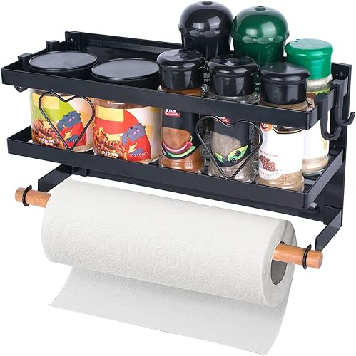 Estante magnético negro para especias para refrigerador, organizador magnético para refrigerador con soporte para toallas de papel y gancho, estante