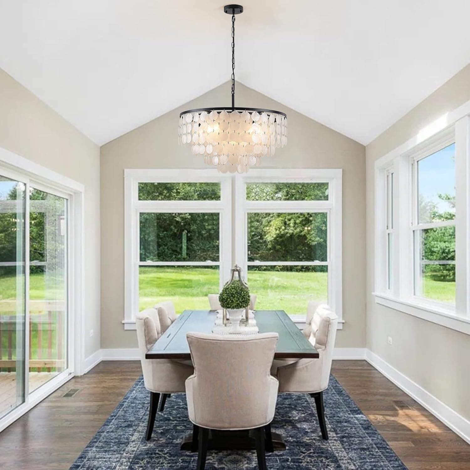 24.21" Capiz Shell Chandelier, 6 Light Natural Shell Ceiling Hanging Light Fixtures, Modern Coastal Chandeliers for Living Room Bedroom Bathroom Kitchen Foyer, Black