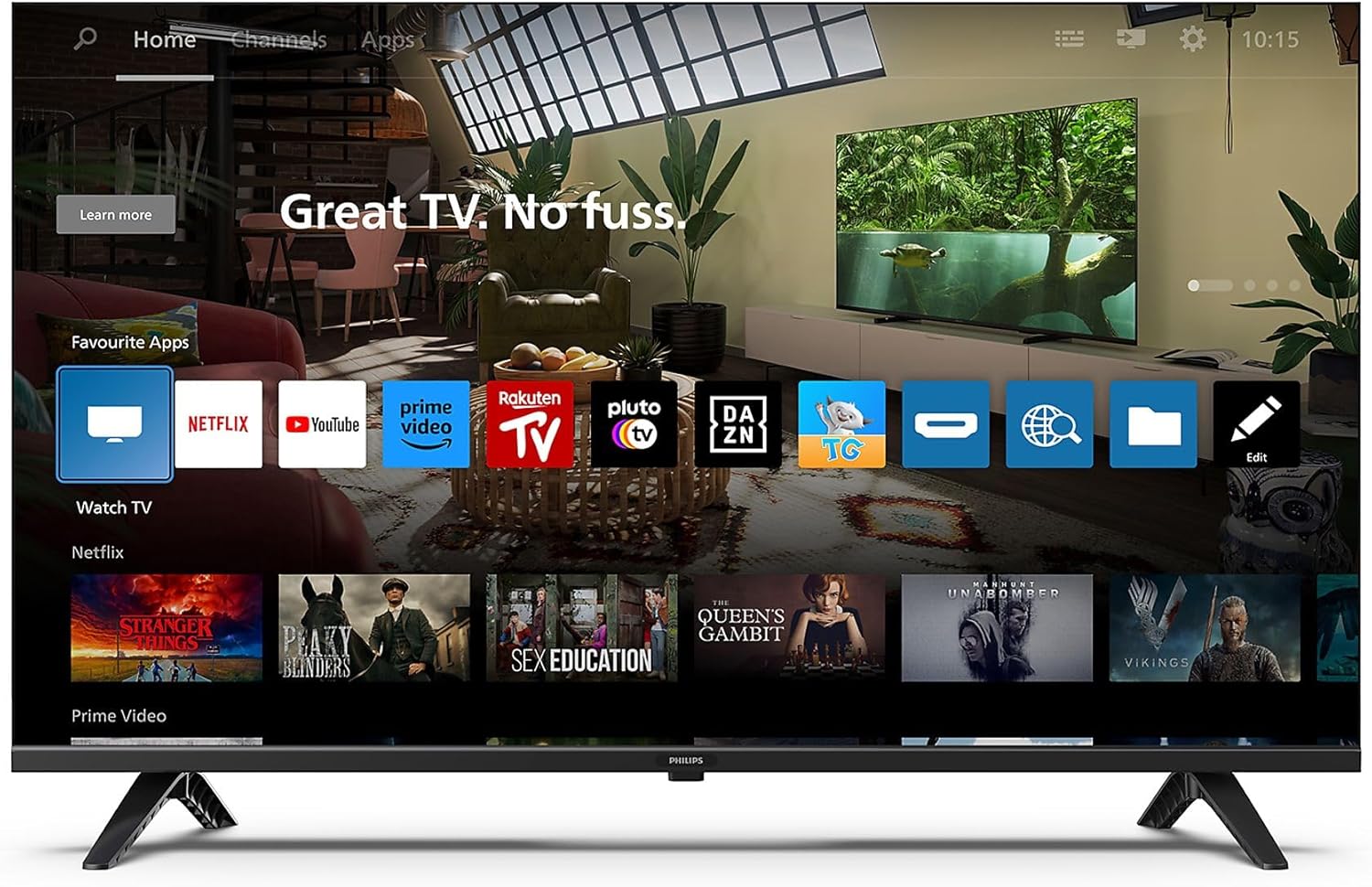 Philips 40PFS6009 Smart TV home screen with various streaming app icons