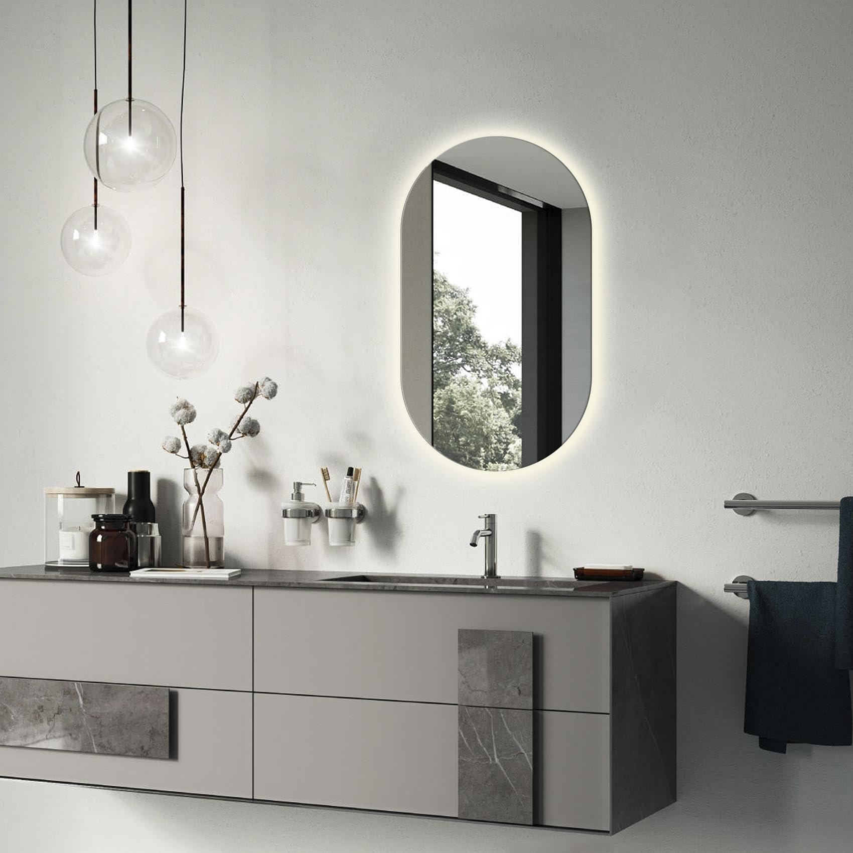Specchio LED Ovale 46×80 cm da Parete Senza Cornice | Illuminazione Luce Calda 3000K | Specchio Moderno Minimal per Bagno, Camera, Ingresso e Zona Living